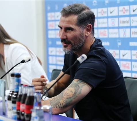 Coach Cristian Fiel explains tattoos on his arm, son and daughter PK Press conference for coach presentation Sport Football Soccer DFL Bundesliga Men Season 2024 2025 25 06 2024 Hertha BSC Berlin