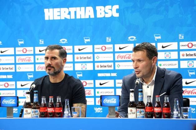 DEU, DFL, 2 FBL, Hertha BSC, Press conference, 25 06 2024, Hertha BSC Geschaeftsstelle, Berlin, DEU, DFL, 2 FBL, Hertha BSC, Press conference, im Bild Cheftrainer Cristian Fiel Hertha BSC Berlin , Benjamin Weber Sportdirektor, Hertha BSC Berlin DFL regulations prohibit any use of Photographs as image sequences and or quasi video Foto Juergen Engler nordphoto GmbH nordphotoxGmbHx xEngler nph00076