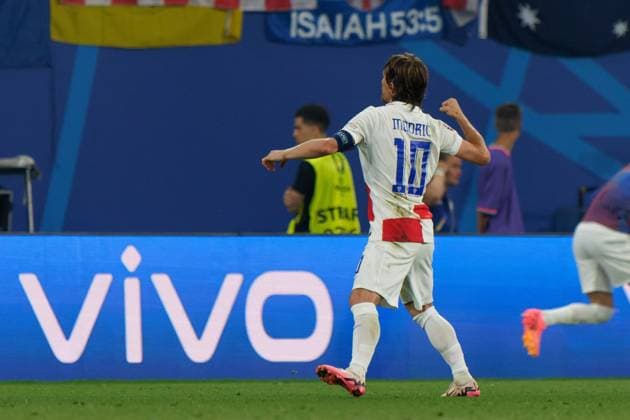 Leipzig: Luka Modric of Croatia celebrates after scoring a goal during UEFA EURO, EM, Europameisterschaft,Fussball 2024 - Croatia vs Italy, UEFA European Football Championship in Leipzig, Germany, June 24 2024 UEFA European Football Championship - UEFA Euro 2024 - Croatia vs Italy  - ZUMAp169 20240624_zsa_p169_935 Copyright: xIPAx
