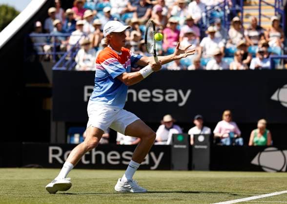 25th June 2024; Devonshire Park, Eastbourne, East Sussex, England: Rothesay International Eastbourne, Day 2; Emil Ruusuvuori (Fin) plays a forehand against Cameron Norrie (GBR) mens singles  ActionPlus12660314 HongboxChen