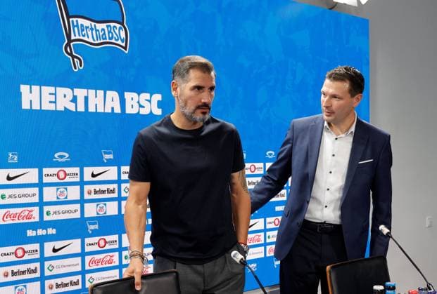 Coach Cristian Fiel, Sports Director Benjamin Weber, Germany, Berlin, Sportpark, Football, Men, Season 2024 2025, 2 Bundesliga, Hertha BSC, Press conference, Presentation of the new coach Cristian Fiel
