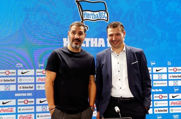 Coach Cristian Fiel, Sports Director Benjamin Weber, Germany, Berlin, Sportpark, Football, Men, Season 2024 2025, 2 Bundesliga, Hertha BSC, Press conference, Presentation of the new coach Cristian Fiel