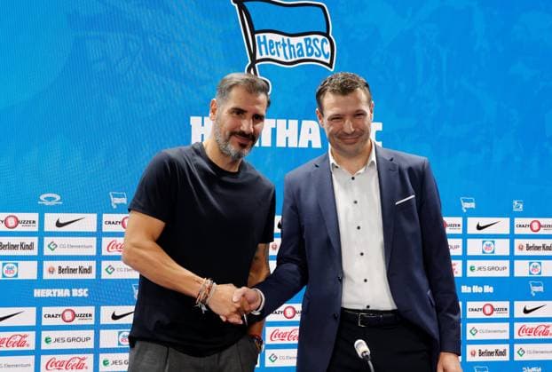 Coach Cristian Fiel, Sports Director Benjamin Weber, Germany, Berlin, Sportpark, Football, Men, Season 2024 2025, 2 Bundesliga, Hertha BSC, Press conference, Presentation of the new coach Cristian Fiel