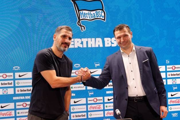 Coach Cristian Fiel, Sports Director Benjamin Weber, Germany, Berlin, Sportpark, Football, Men, Season 2024 2025, 2 Bundesliga, Hertha BSC, Press conference, Presentation of the new coach Cristian Fiel