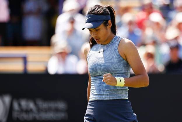 25th June 2024; Devonshire Park, Eastbourne, East Sussex, England: Rothesay International Eastbourne, Day 2, Emma Raducanu (GBR) shows emotion in the match against Sloane Stephens (USA) womens singles  ActionPlus12660410 HongboxChen