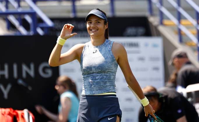 25th June 2024; Devonshire Park, Eastbourne, East Sussex, England: Rothesay International Eastbourne, Day 2, Emma Raducanu (GBR) celebrates her victory after defeating Sloane Stephens (USA) womens singles  ActionPlus12660412 HongboxChen