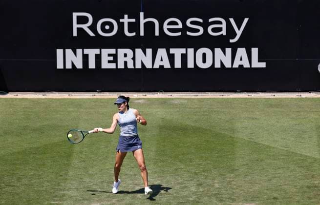 25th June 2024; Devonshire Park, Eastbourne, East Sussex, England: Rothesay International Eastbourne, Day 2, Emma Raducanu (GBR) plays a forehand against Sloane Stephens (USA) womens singles  ActionPlus12660384 HongboxChen