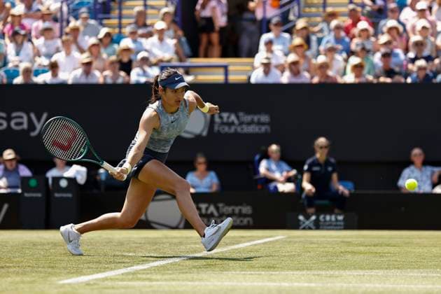 25th June 2024; Devonshire Park, Eastbourne, East Sussex, England: Rothesay International Eastbourne, Day 2, Emma Raducanu (GBR) plays a forehand against Sloane Stephens (USA) womens singles  ActionPlus12660396 HongboxChen