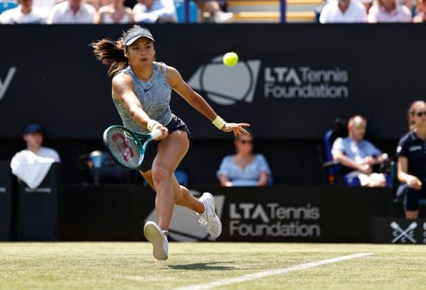 25th June 2024; Devonshire Park, Eastbourne, East Sussex, England: Rothesay International Eastbourne, Day 2, Emma Raducanu (GBR) plays a forehand against Sloane Stephens (USA) womens singles  ActionPlus12660398 HongboxChen