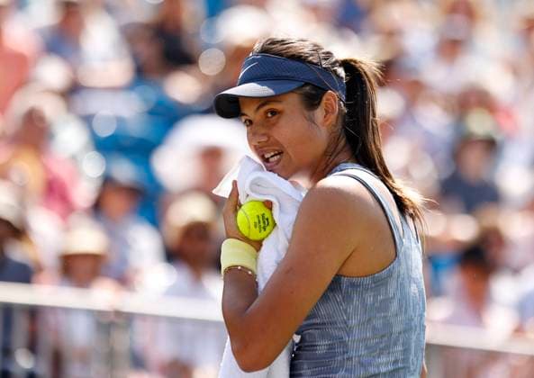 25th June 2024; Devonshire Park, Eastbourne, East Sussex, England: Rothesay International Eastbourne, Day 2, Emma Raducanu (GBR) communicates with her coach during the match against Sloane Stephens (USA) womens singles  ActionPlus12660400 HongboxChen