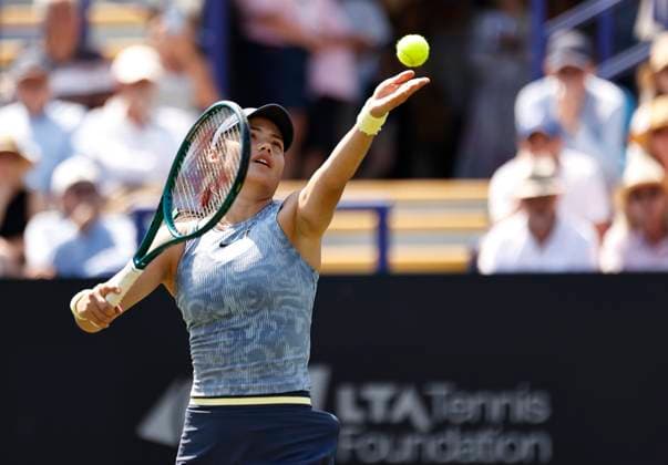 25th June 2024; Devonshire Park, Eastbourne, East Sussex, England: Rothesay International Eastbourne, Day 2, Emma Raducanu (GBR) serves to Sloane Stephens (USA) womens singles  ActionPlus12660401 HongboxChen