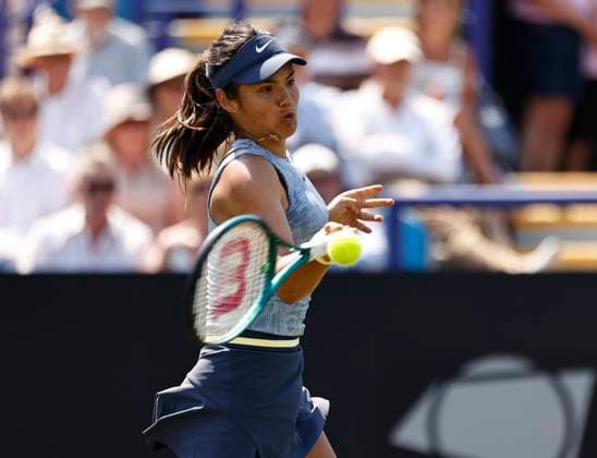 25th June 2024; Devonshire Park, Eastbourne, East Sussex, England: Rothesay International Eastbourne, Day 2, Emma Raducanu (GBR) plays a forehand against Sloane Stephens (USA) womens singles  ActionPlus12660403 HongboxChen
