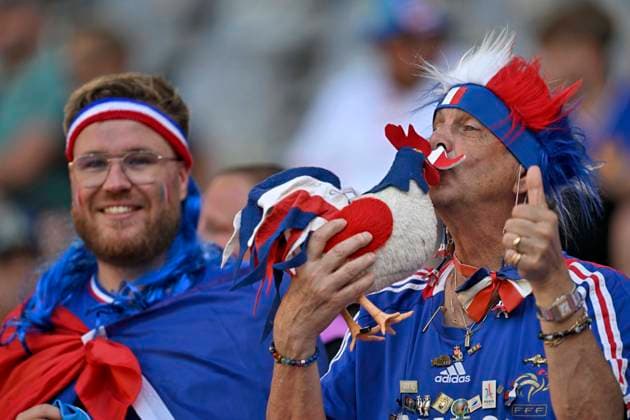 25 06 2024, Football UEFA EURO 2024, preliminary round, match day 3, France Poland, at BVB stadium in Dortmund, French fan with funny headgear, French beard and a rooster