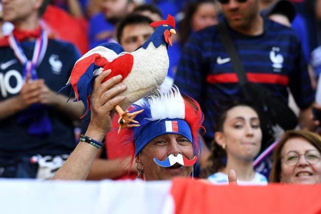Soccer UEFA EURO 2024 group stage 3 match day France Poland on 25 06 2024 at BVB Stadium Dortmund in Dortmund France fan with rooster, mustache and wig xRx