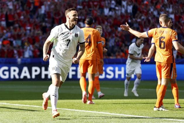 BERLIN - Marko Arnautovic of Austria celebrates the 0-1 during the UEFA EURO, EM, Europameisterschaft,Fussball 2024 group D match between the Netherlands and Austria at the Olympiastadion on June 25, 2024 in Berlin, Germany. ANP MAURICE VAN STEEN UEFA EURO 2024 2024 xVIxANPxSportx xxANPxIVx 502040687 originalFilename: 502040687.jpg