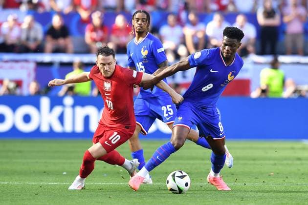 Soccer UEFA EURO 2024 Group Stage 3 Matchday France Poland on 25 06 2024 at BVB Stadion Dortmund in Dortmund Piotr Zielinski Poland , left Aurelien Tchouameni France , right xRx
