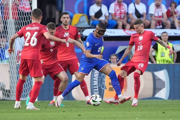 Kylian MbappÃ France, France, 10 always busy with several opponents Dortmund 25 06 2024 France vs Poland, EURO2024 M32, Group D, EM Arena Dortmund