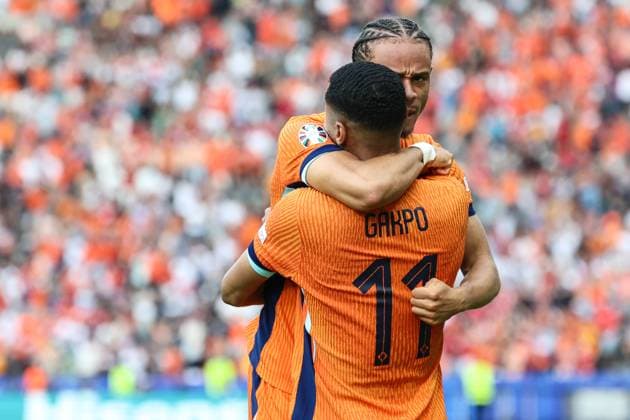 SOCCER - UEFA EURO, EM, Europameisterschaft,Fussball 2024 BERLIN,GERMANY,25.JUN.24 - UEFA EURO 2024, group stage, Austria vs Netherlands. Image shows the rejoicing of Xavi Simons and Cody Gakpo (NED).  GEPAxpictures xArminxRauthner