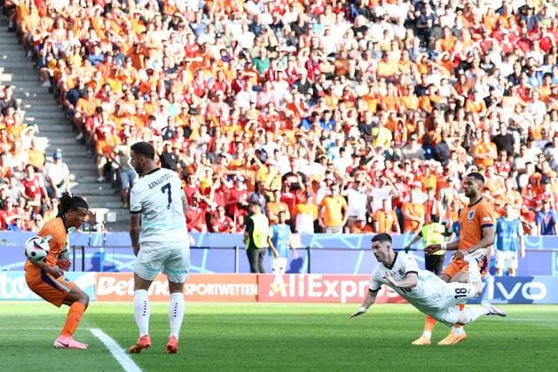 Romano Schmid of Austria scores the sides second goal to make it 2-1 to Austria Netherlands v Austria, UEFA European Championship, EM, Europameisterschaft 2024, Group D, Football, Olympiastadion, Berlin, Germany, 25 Jun 2024 EDITORIAL USE ONLY No use with unauthorised audio, video, data, fixture lists, club league logos or live services. Online in-match use limited to 120 images, no video emulation. No use in betting, games or single club league player publications. Copyright: xMattxWest Shutterstockx 14555517bp