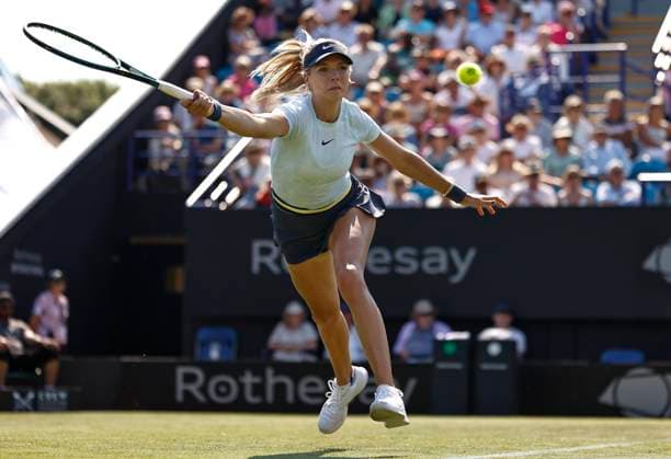 25th June 2024; Devonshire Park, Eastbourne, East Sussex, England: Rothesay International Eastbourne, Day 2, Katie Boulter (GBR) plays a forehand against Petra Martic (CRO) , womens singles  ActionPlus12660453 HongboxChen