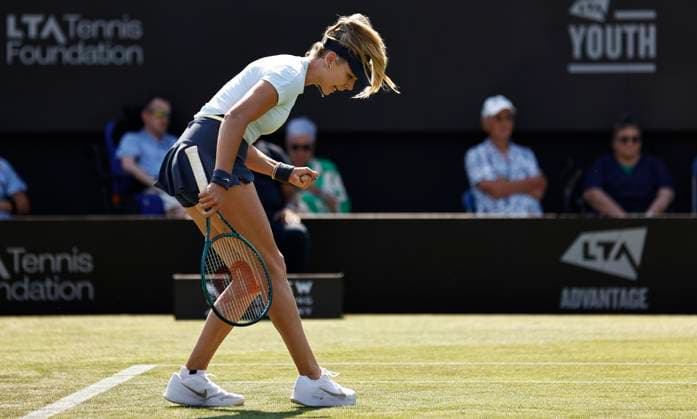 25th June 2024; Devonshire Park, Eastbourne, East Sussex, England: Rothesay International Eastbourne, Day 2, Katie Boulter (GBR) shows emotion during the match against Petra Martic (CRO) , womens singles  ActionPlus12660464 HongboxChen