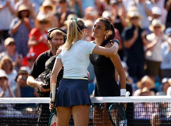 25th June 2024; Devonshire Park, Eastbourne, East Sussex, England: Rothesay International Eastbourne, Day 2, Katie Boulter (GBR) embraces Petra Martic (CRO) after the womens singles match  ActionPlus12660473 HongboxChen