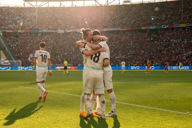 SOCCER - UEFA EURO, EM, Europameisterschaft,Fussball 2024 BERLIN,GERMANY,25.JUN.24 - UEFA EURO 2024, group stage, Austria vs Netherlands. Image shows the rejoicing of Romano Schmid and Patrick Wimmer (AUT).  GEPAxpictures xJohannesxFriedl