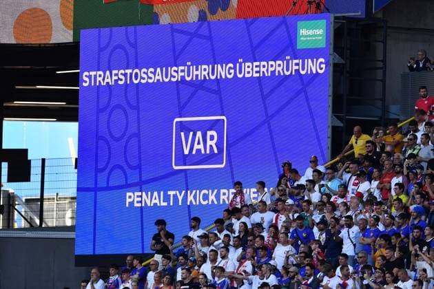 Soccer UEFA EURO 2024 Group stage 3 Matchday France Poland on 25 06 2024 at BVB Stadion Dortmund in Dortmund Scoreboard Video wall Video assist Video evidence VAR Penalty kick execution review xRx