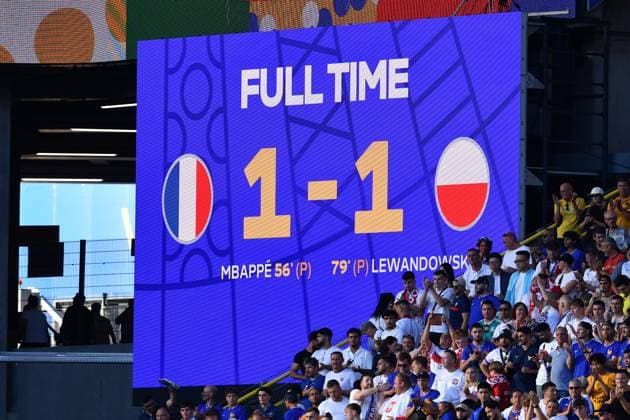 Soccer UEFA EURO 2024 Group stage 3 Matchday France Poland on 25 06 2024 at BVB Stadion Dortmund in Dortmund Scoreboard Video wall 1 1 Final score xRx