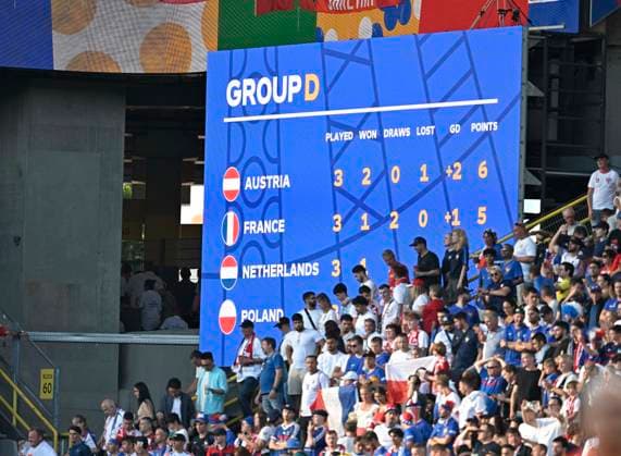 25 06 2024, Football UEFA EURO 2024, Preliminary round, Matchday 3, France Poland, at the BVB Stadium in Dortmund, The scoreboard shows that Austria is in first place in the Group D table