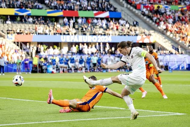 BERLIN - Marcel Sabitzer of Austria scores the 2-3 for Austria during the UEFA EURO, EM, Europameisterschaft,Fussball 2024 group D match between the Netherlands and Austria at the Olympiastadion on June 25, 2024 in Berlin, Germany. ANP KOEN VAN WEEL UEFA EURO 2024 2024 xVIxANPxSportx xxANPxIVx 502048087 originalFilename: 502048087.jpg