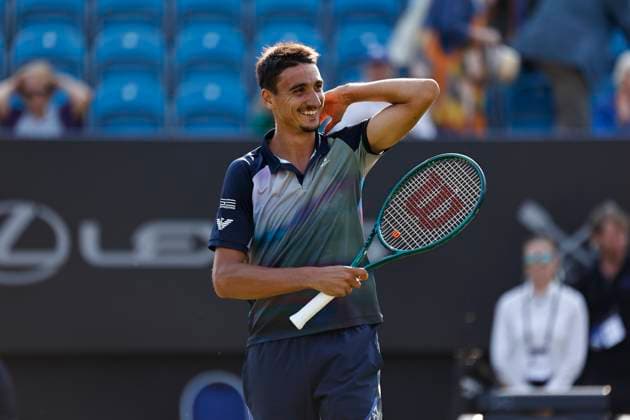 25th June 2024; Devonshire Park, Eastbourne, East Sussex, England: Rothesay International Eastbourne, Day 2; Lorenzo Sonego (ITA) celebrates his victory after defeating Henry Searle (GBR) , mens singles match  ActionPlus12660521 HongboxChen
