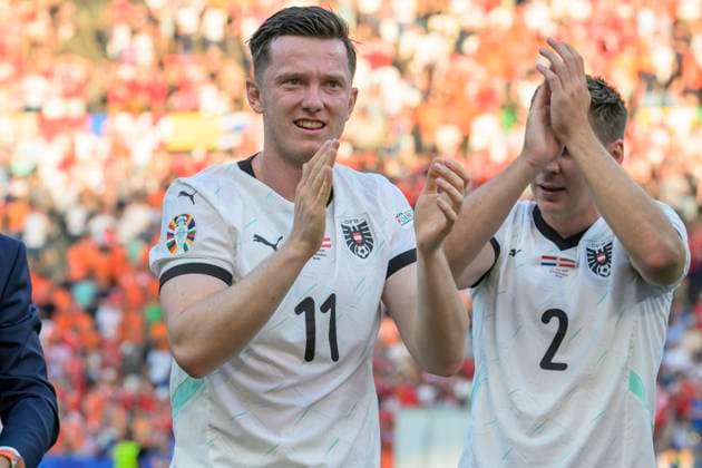 GER, Berlin, Football, Austria vs Netherlands, Group D, Group stage, UEFA EURO 2024, SP, Olympia Stadion Berlin, f l Michael Gregoritsch Austria , Maximilian Woeber Austria , Victory, 2 3, Final score, Cheers, joy, jubilation, 25 06 2024, Copyright: HMBxMedia UwexKoch