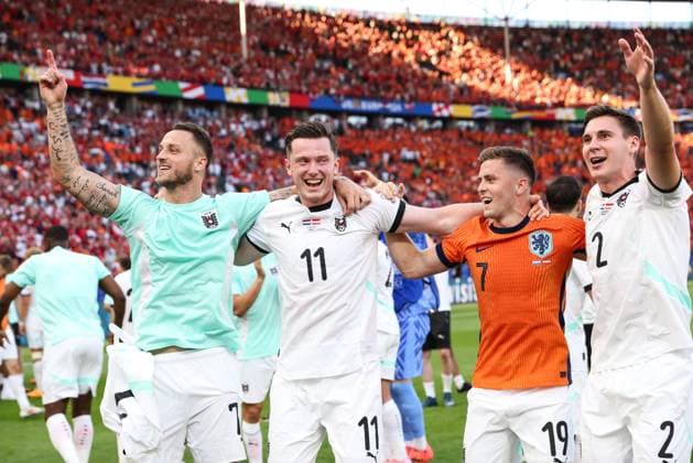 SOCCER - UEFA EURO, EM, Europameisterschaft,Fussball 2024 BERLIN,GERMANY,25.JUN.24 - UEFA EURO 2024, group stage, Austria vs Netherlands. Image shows the rejoicing of Marko Arnautovic, Michael Gregoritsch, Christoph Baumgartner and Maximilian Woeber (AUT).  GEPAxpictures xArminxRauthner