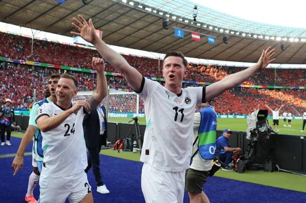 25 06 2024, xtgx, European Football Championship 2024, Netherlands Austria emspor, v l Andreas Weimann Austria , Michael Gregoritsch Austria cheers celebrate at the end of the match UEFA REGULATIONS PROHIBIT ANY USE OF PHOTOGRAPHS as IMAGE SEQUENCES and or QUASI VIDEO Berlin