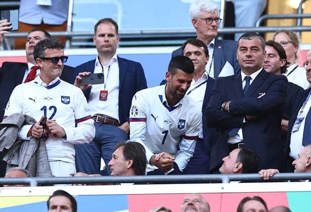 Serbian tennis player, Novak Djokovic seen in the stands prior to kick off Denmark v Serbia, UEFA European Championship, EM, Europameisterschaft 2024, Group C, Football, Munich Football Arena, Munich, Germany, 25 Jun 2024 EDITORIAL USE ONLY No use with unauthorised audio, video, data, fixture lists, club league logos or live services. Online in-match use limited to 120 images, no video emulation. No use in betting, games or single club league player publications.  Copyright: xMichaelxZemanek Shutterstockx 14555536aj