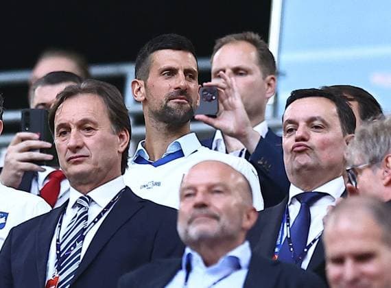 Serbian tennis player, Novak Djokovic seen in the stands prior to kick off Denmark v Serbia, UEFA European Championship, EM, Europameisterschaft 2024, Group C, Football, Munich Football Arena, Munich, Germany, 25 Jun 2024 EDITORIAL USE ONLY No use with unauthorised audio, video, data, fixture lists, club league logos or live services. Online in-match use limited to 120 images, no video emulation. No use in betting, games or single club league player publications.  Copyright: xMichaelxZemanek Shutterstockx 14555536al