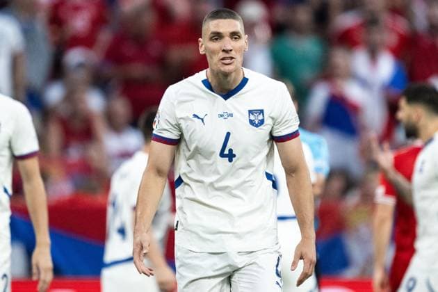 240625 Nikola Milenkovic of Serbia reacts during the UEFA Euro 2024 Football Championship match between Denmark and Serbia on June 25, 2024 in Munich Photo Mathias Bergeld BILDBYRAN code MB MB0940 fotboll football soccer fotballs em europamästerskap em uefa euro uefa european football championship euro 2024 denmark serbien serbia bbeng  Copyright: MATHIASxBERGELD BB240625MB040