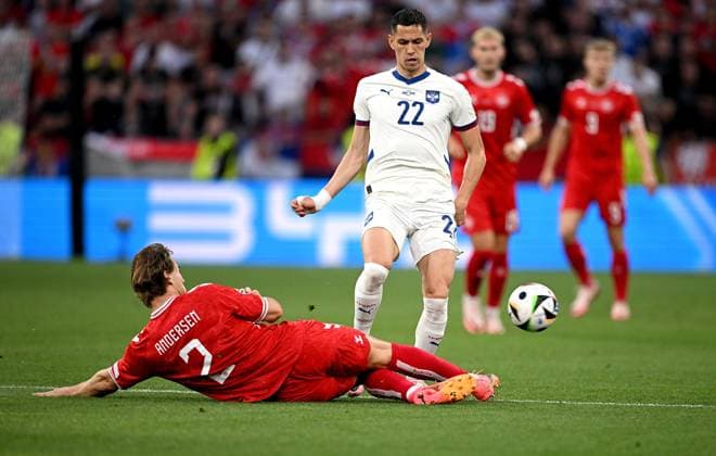 Football Euro 2024 Group C 25 06 2024 Denmark Serbia Joachim Andersen left, Denmark v Sasa Lukic right, Serbia