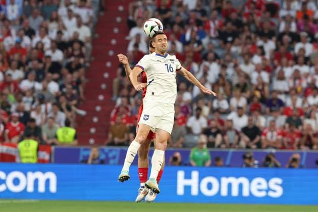 in duel, action, with Srdjan Mijailovic 16 Serbia , Joakim Maehle 5 Denmark , Denmark vs Serbia, Football, UEFA Euro 2024, Group stage, Matchday 3, 25 06 2024 Munich Bavaria Germany Copyright: xkolbert-press ChristianxKolbertx