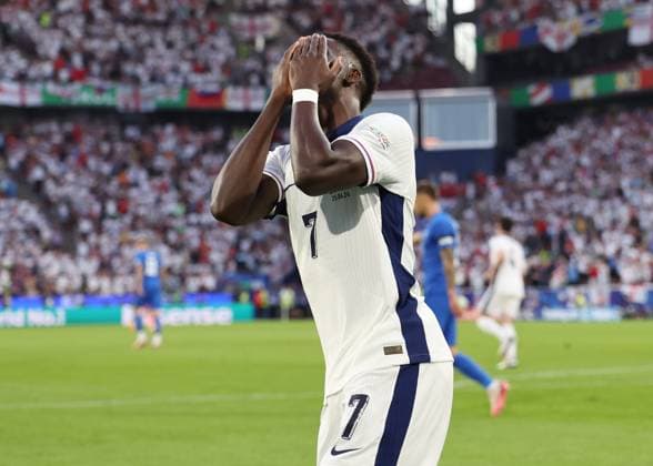 Cologne, Germany, 25th June 2024. Bukayo Saka of England reacts to his goal being called offside during the UEFA European Championships match at Cologne Stadium, Cologne. Picture credit should read: David Klein Sportimage EDITORIAL USE ONLY. No use with unauthorised audio, video, data, fixture lists, club league logos or live services. Online in-match use limited to 120 images, no video emulation. No use in betting, games or single club league player publications. SPI-3205-0040