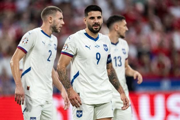 240625 Aleksandar Mitrovic of Serbia during the UEFA Euro 2024 Football Championship match between Denmark and Serbia on June 25, 2024 in Munich Photo Mathias Bergeld BILDBYRAN code MB MB0940 fotboll football soccer fotballs em europamästerskap em uefa euro uefa european football championship euro 2024 denmark serbien serbia bbeng  Copyright: MATHIASxBERGELD BB240625MB058