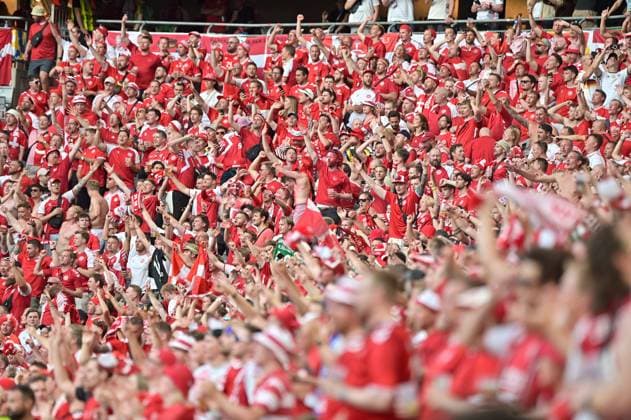 Picture shows fans of Denmark, 25 06 2024, Munich, Football, European Championship, Denmark Serbia, EVENT REGULATIONS PROHIBIT ANY USE OF PHOTOGRAPHS AS IMAGE SEQUENCES AND OR QUASI VIDEO xklx