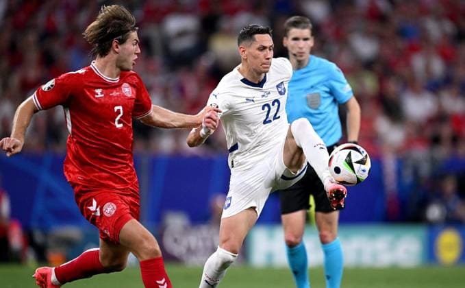 Football Euro 2024 Group C 25 06 2024 Denmark Serbia Joachim Andersen left, Denmark v Sasa Lukic right, Serbia
