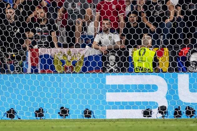UEFA EURO 2024 Denmark Serbia 25 06 2024 Russian flag hanging directly behind the goal, fans of Serbia UEFA EURO 2024 Denmark Serbia Munich Football Arena, Munich 25 06 2024 Copyright: xBEAUTIFULxSPORTS Buriakovx