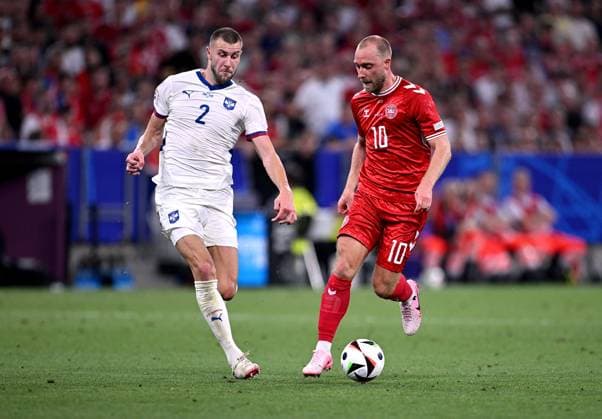 Football Euro 2024 Group C 25 06 2024 Denmark Serbia Strahinja Pavlovic left, Serbia v Christian Eriksen right, Denmark