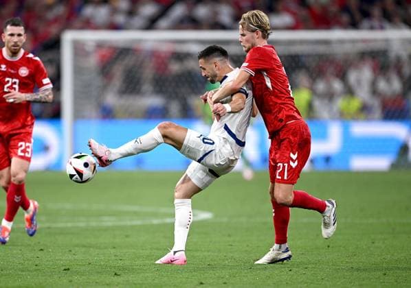 Football Euro 2024 Group C 25 06 2024 Denmark Serbia Dusan Tadic left, Serbia v Morten Hjulmand right, Denmark