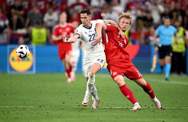 Football Euro 2024 Group C 25 06 2024 Denmark Serbia Sasa Lukic left, Serbia v Kasper Dolberg right, Denmark