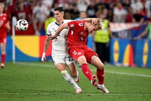 Football Euro 2024 Group C 25 06 2024 Denmark Serbia Sasa Lukic left, Serbia v Kasper Dolberg right, Denmark