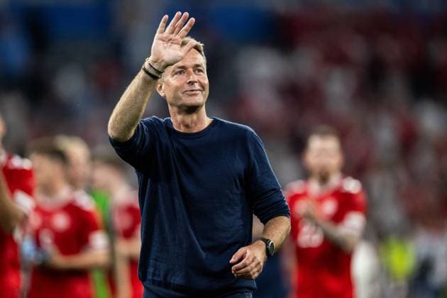 240625 Head coach Kasper Hjulmand of Denmark after the UEFA Euro 2024 Football Championship match between Denmark and Serbia on June 25, 2024 in Munich Photo Mathias Bergeld BILDBYRAN kod MB MB0940 fotboll football soccer fotballs em europamästerskap em uefa euro uefa european football championship euro 2024 danmark denmark serbien serbia bbeng  Copyright: MATHIASxBERGELD BB240625MB107